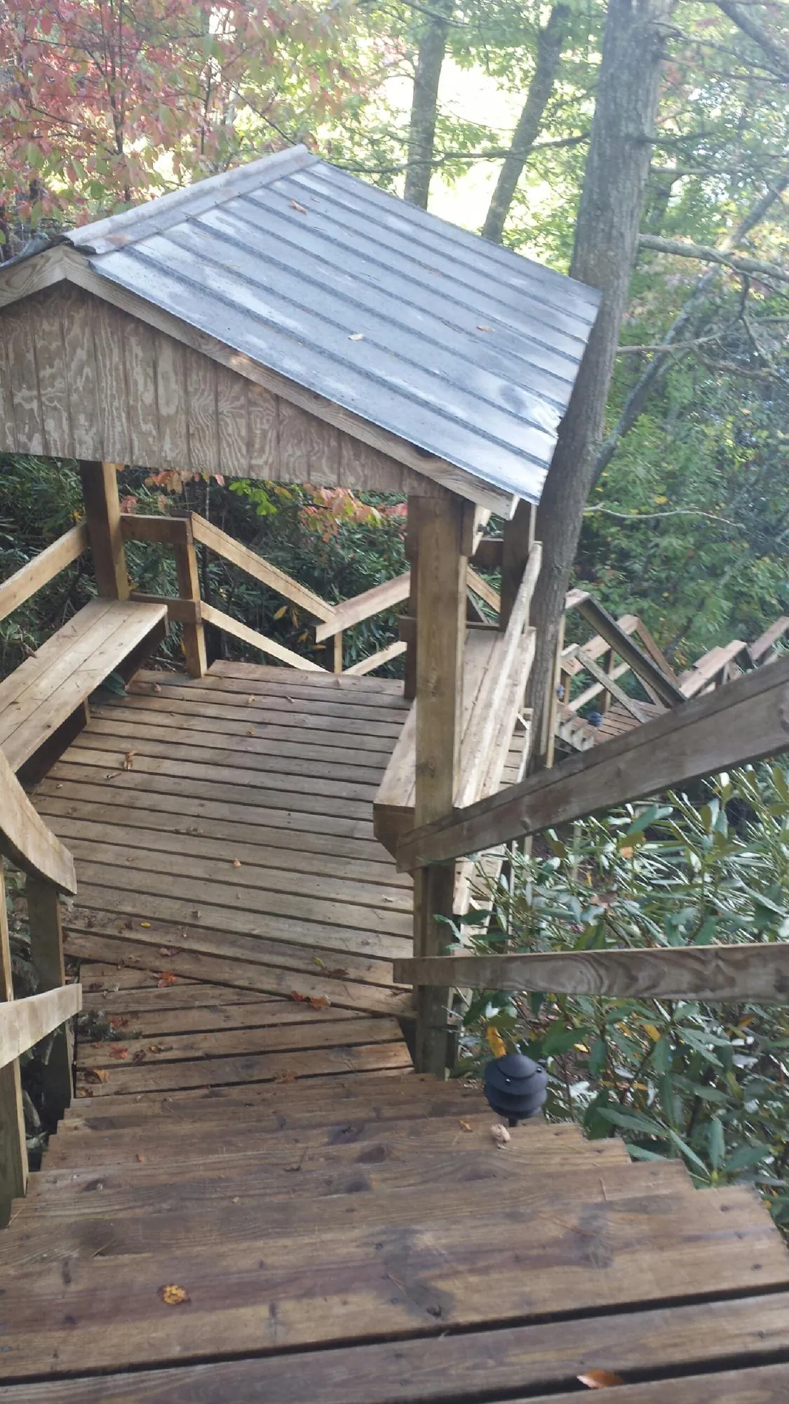 Metal roofed shelter over wooden steps on a wooded walkway — Skylight Repair & Installation work by our crew in Poseyville